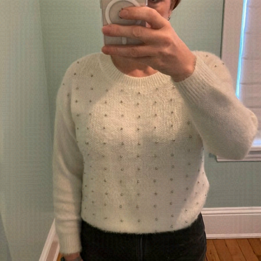 Misguided Cream Fuzzy Beaded Sweater Size 8
